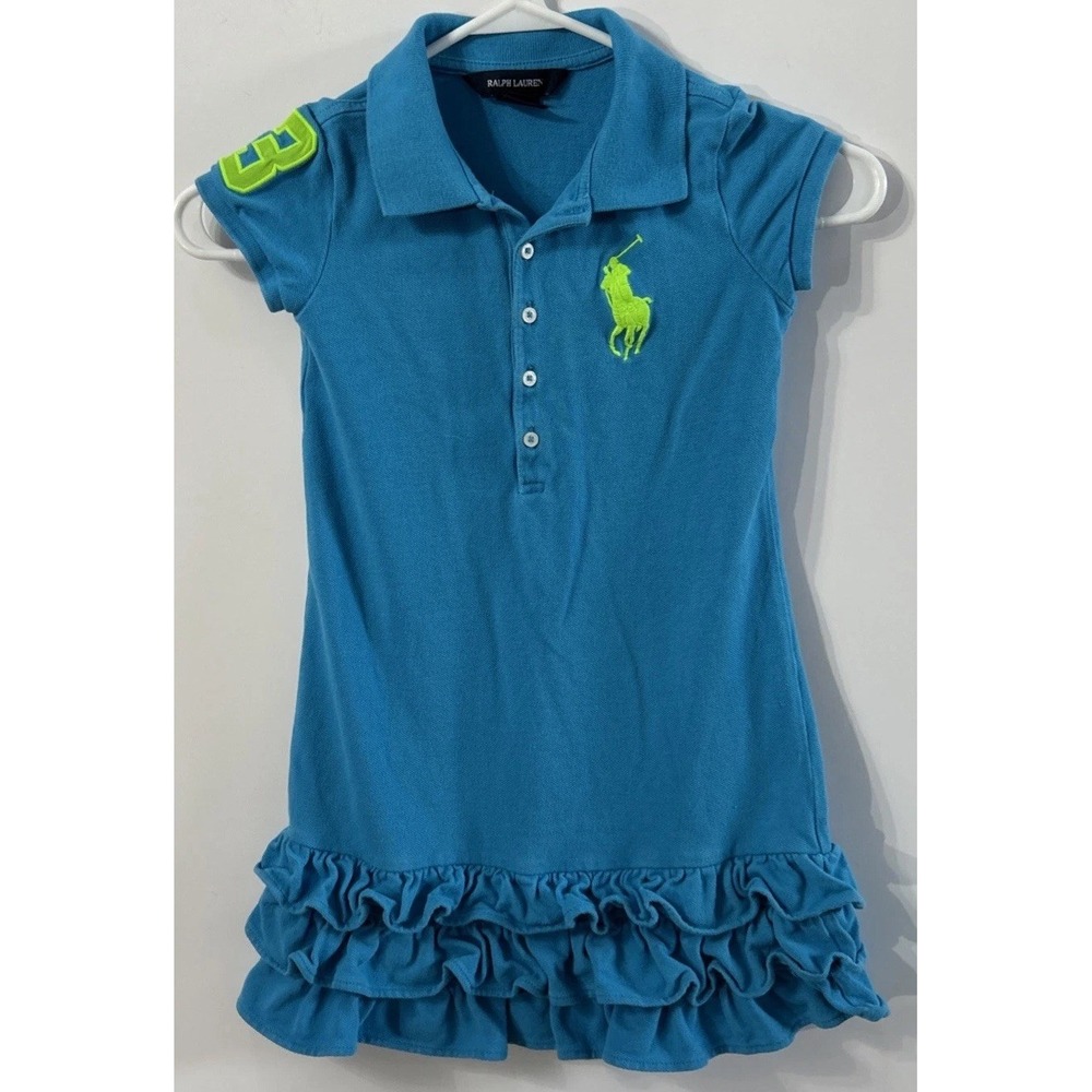 Girls Ralph Lauren Polo Dress Blue 3 Tier Ruffle Hem Short Sleeve Cotton Sz 7